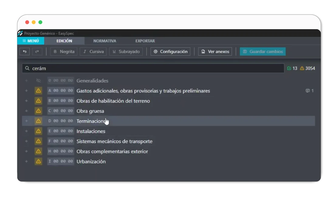 Estructura del proyecto y partidas de especificaciones organizadas dentro de easyspec